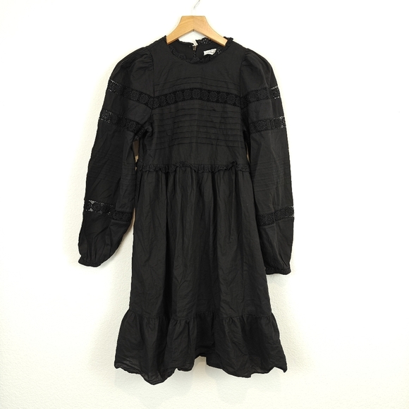 & Other Stories Boho Black Poplin Lace Cotton Long Sleeve Mini Dress Black SZ 0 - Picture 4 of 15
